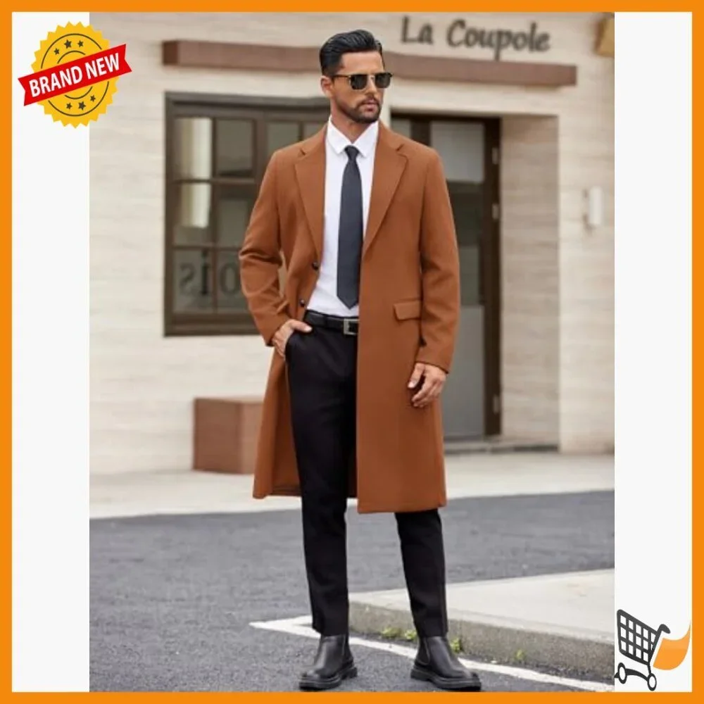 Men's Wool Blend Trench Coat Long Overcoat Notched Collar Classic Fit